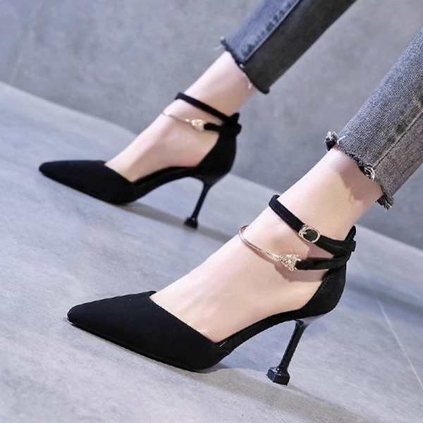 รองเท้า holster รองเท้าเพชร รองเท้าแตะสไตล์เกาหลีรองเท้าส้นสูงผู้หญิงส้นเข็มหัวเข็มขัดหัวแหลมหนังกลั