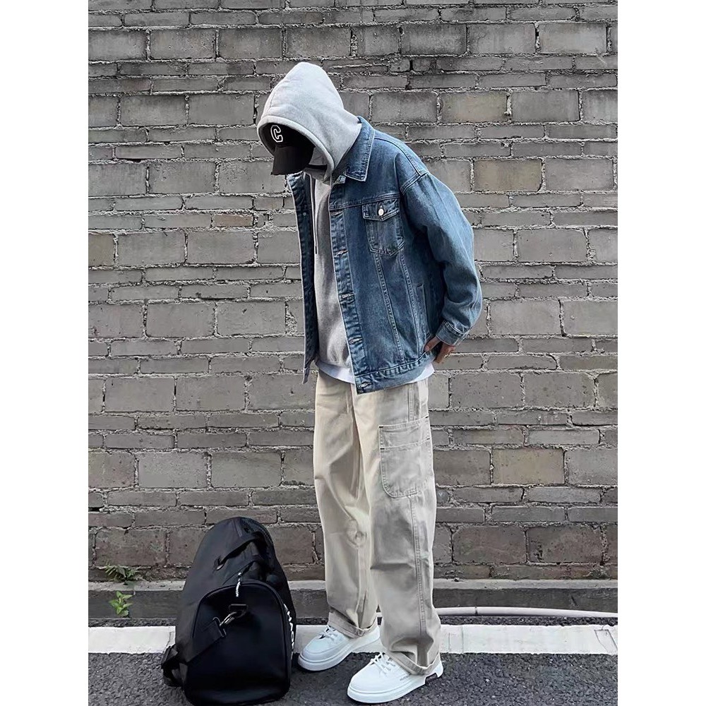 EERSHENSHI ผู้ชายวินเทจแจ็คเก็ตยีนส์ใหม่หลวมสบายๆสไตล์เกาหลีอเนกประสงค์แขนยาวเสื้อโปโลคอปก