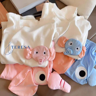 เสื้อยืดแขนสั้นสำหรับนอนลายช้างสีฟ้า-สีชมพู