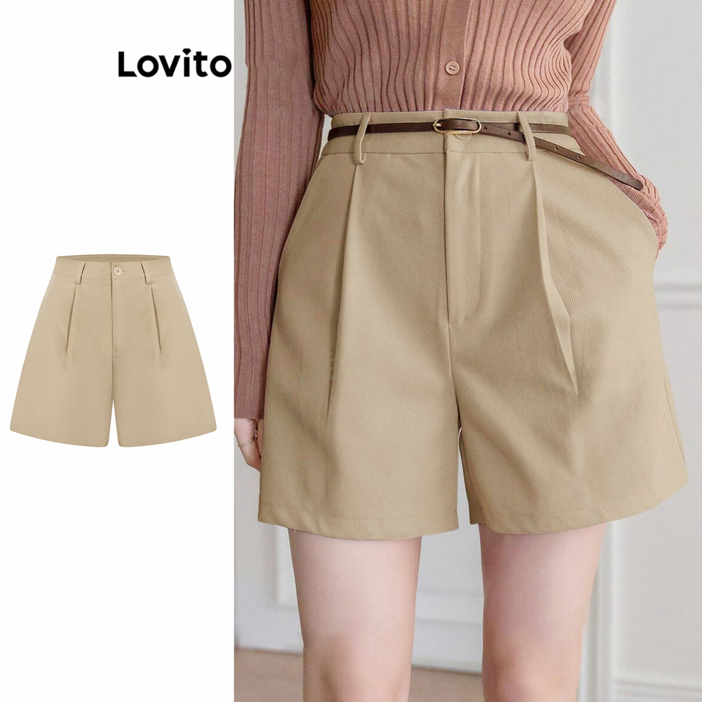 Lovito กางเกงขาสั้นจีบธรรมดาหรูหราสำหรับผู้หญิง L104ED120