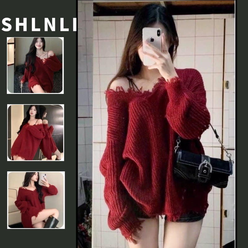 ฤดูใบไม้ร่วงฤดูหนาววินเทจคริสต์มาสเสื้อกันหนาวสีแดงผู้หญิงหนาอบอุ่นคอวีเสื้อสวมหัวถักเสื้อกันหนาว