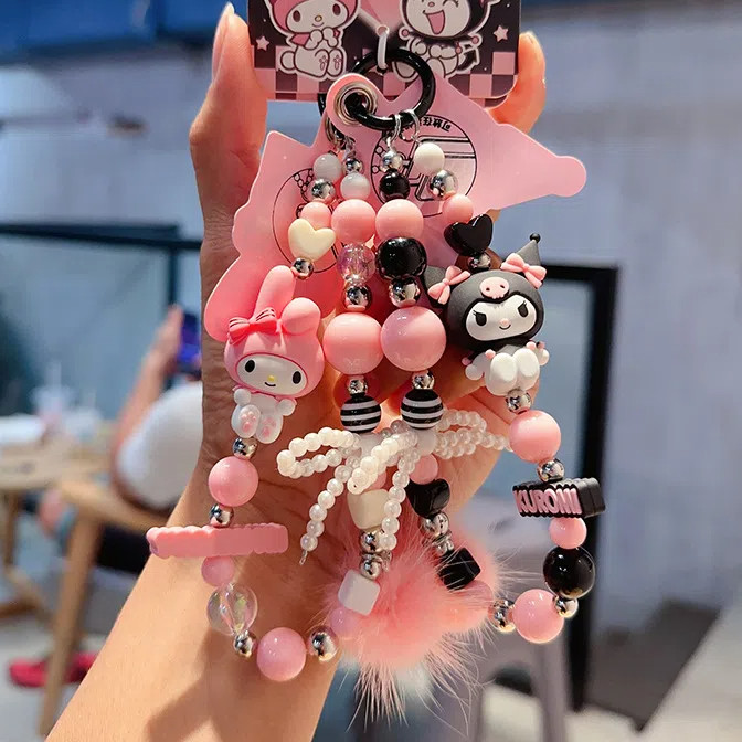 พวงกุญแจลูกปัด Sanrio Kuromi ของแท้/โซ่โทรศัพท์มือถือลายการ์ตูน Melody Lanyard