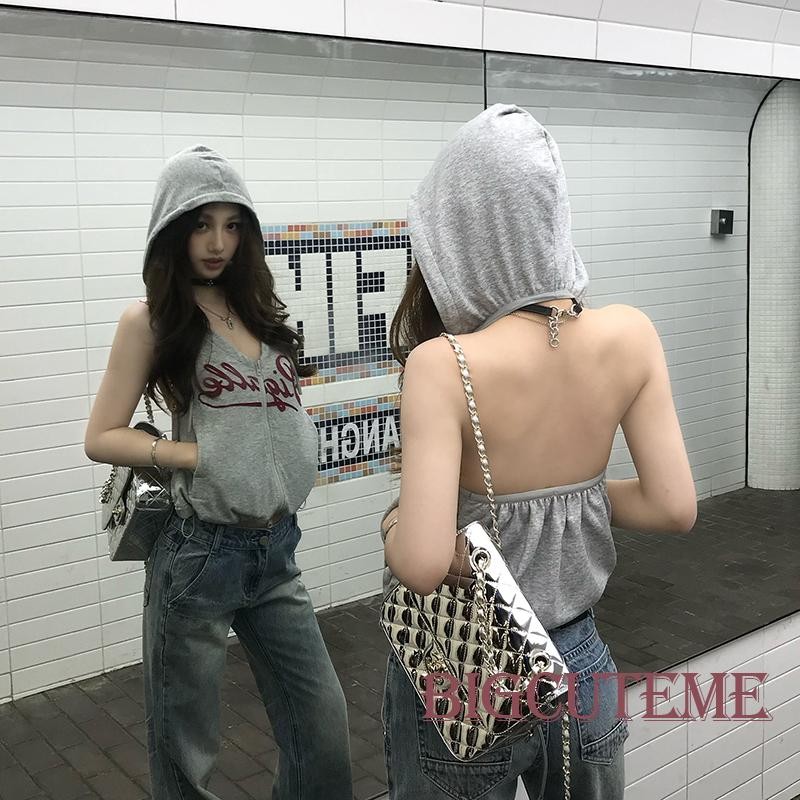 []-เสื้อกล้ามมีฮู้ดผู้หญิงพิมพ์ลายตัวอักษรเปิดซิปด้านหลังด้านหน้าแขนกุดเปลือยท็อปส์