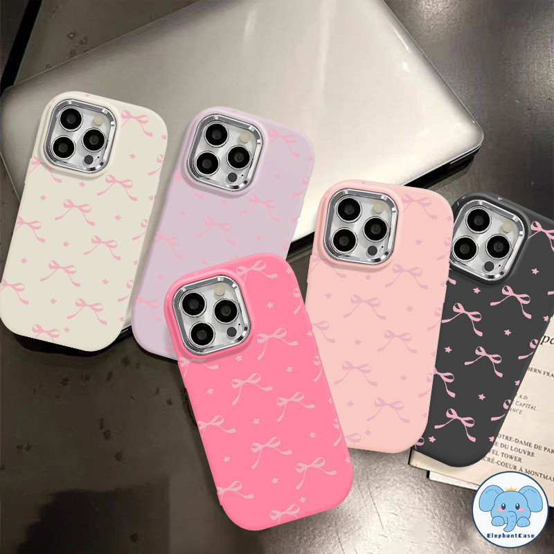 โบว์สีชมพูโรแมนติกเลนส์โลหะเข้ากันได้ เคสไอโฟน 16 13 11 12 15 16 Pro Max 7 11 14 Max XR XS X Plus SE 2020 เคส