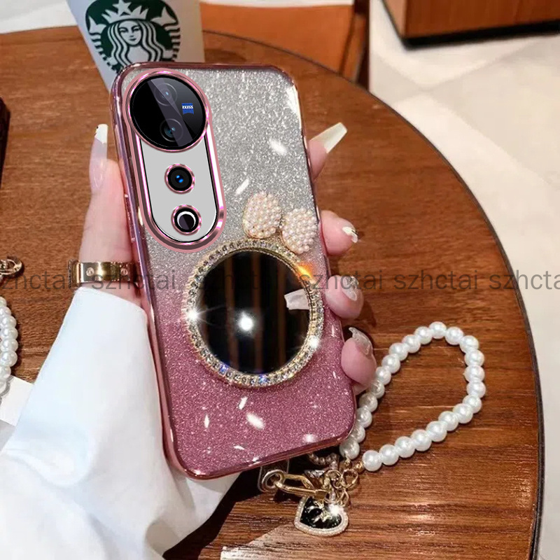 เคสโทรศัพท์ Vivo V40 5G V40Pro 5G V30 Pro V30E 5G V29 5G V29E V27 V27E หรูหราแวววาวชุบโทรศัพท์กรณี กรณีโทรศัพท์ใสเปลือกหอยมุกโบว์กระจกแต่งหน้าพร้อมสร้อยข้อมือ เคส Vivo V40 5G V40Pro 5G V30 Pro V30E 5G V29 5G V29E V27 V27E