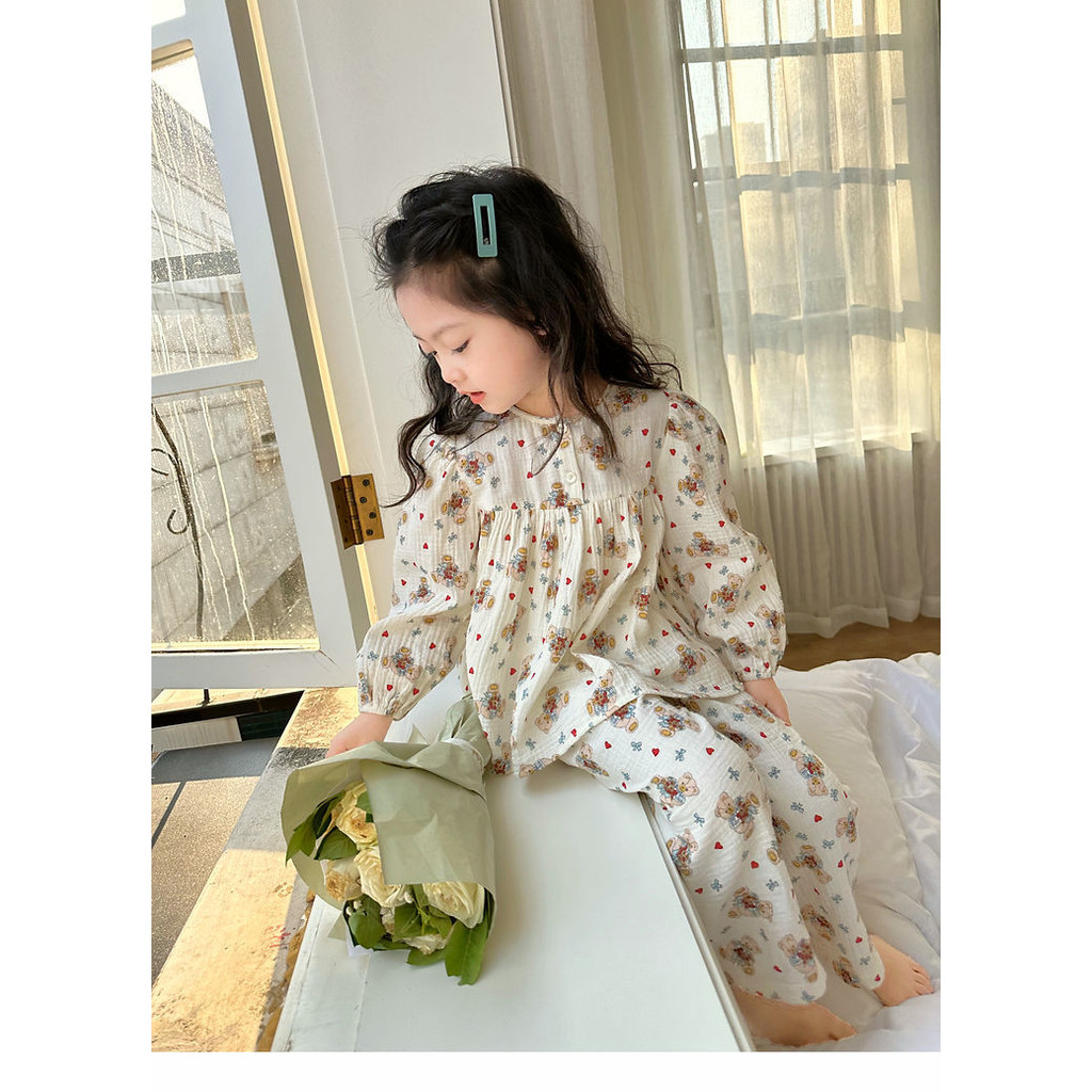 สาวแขนยาวชุดนอนชุดฤดูใบไม้ผลิฤดูใบไม้ร่วงแฟชั่นสไตล์ใหม่เวอร์ชั่นเกาหลีผ้าฝ้ายแท้นุ่มสบายระบายอากาศการ์ตูนหมีพิมพ์ ชุดลําลอง สอง-