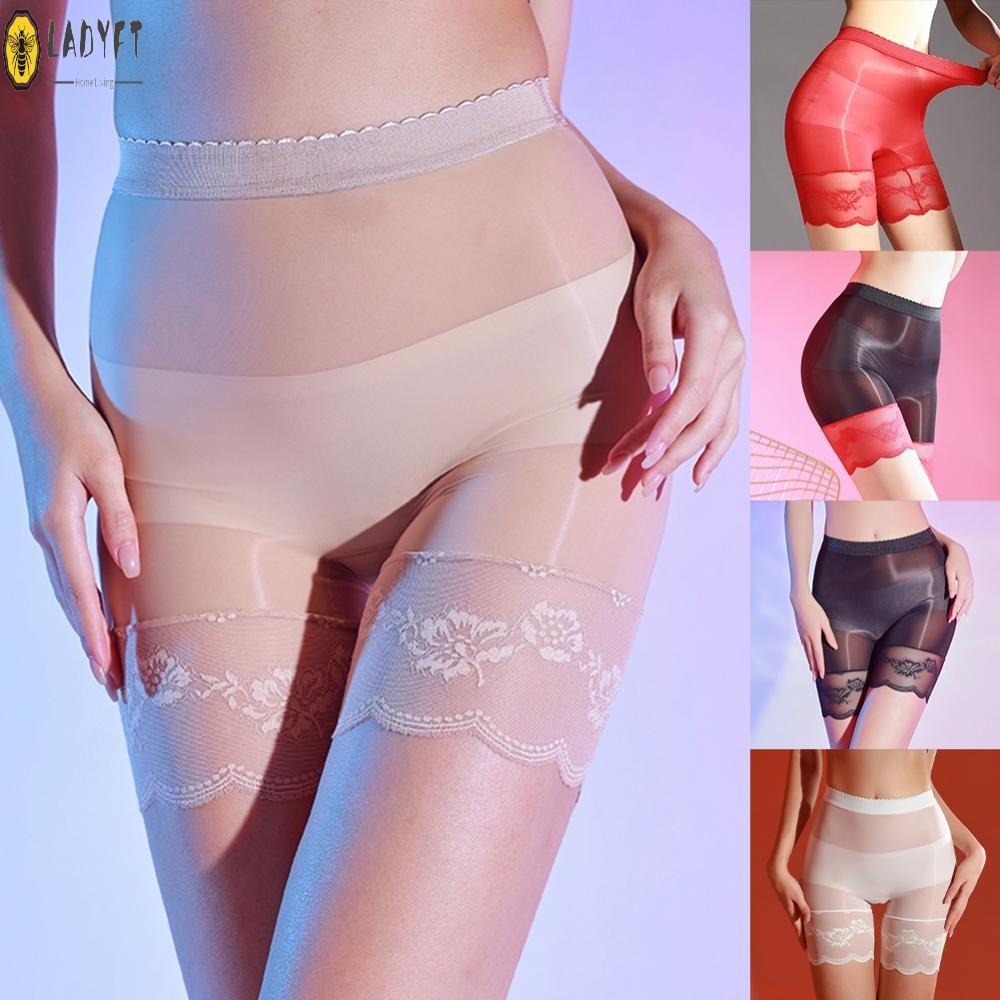 Seamless Oily Shiny Boxer Bries Women Ultra-Thin 5D Silky Pants กางเกงขาสั้น Crothless