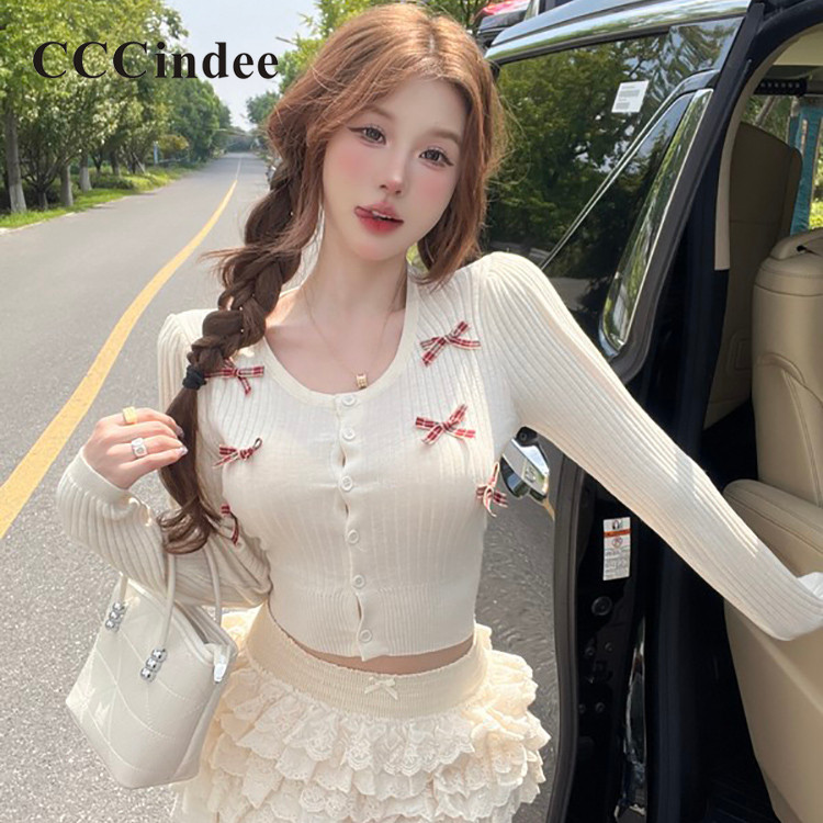 Cccindee ผู้หญิงเสื้อสเวตเตอร์ถักแขนยาวสไตล์ใหม่ Slim Fit Bowknot 2024 Casual