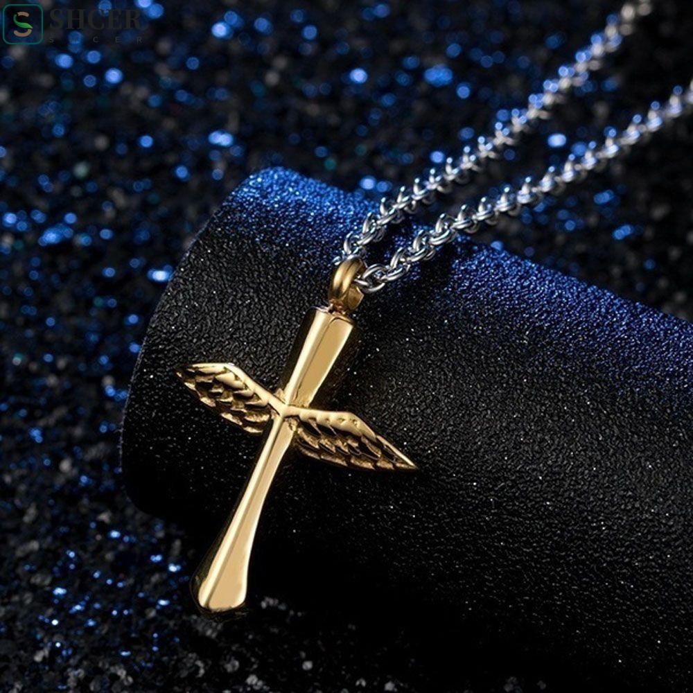 SHCER Urn สร้อยคองานศพ 1 ชิ้น Memorial Cross Angel Wings Vial จี้