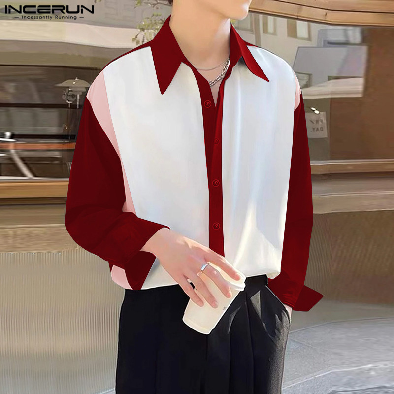 ไม่แน่นอน ผู้ชายเกาหลีลําลองเย็บปะติดปะต่อกันเปิดลงปกเสื้อแขนยาว
