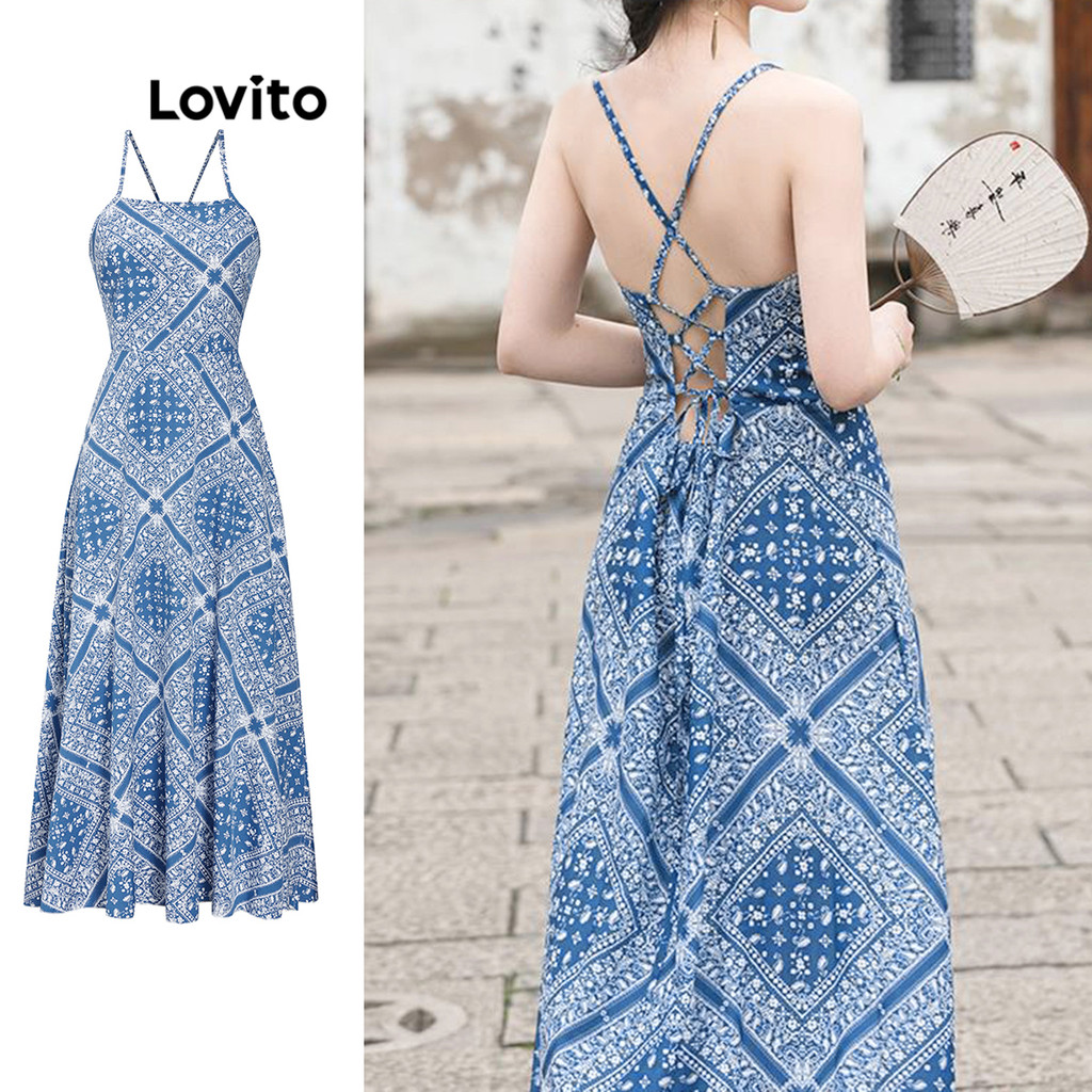 Lovito ชุดเดรส ทรงเดรป เชือกผูก ลายเพสลีย์ สไตล์โบโฮ สำหรับผู้หญิง L55AD052 (สีน้ำเงิน)