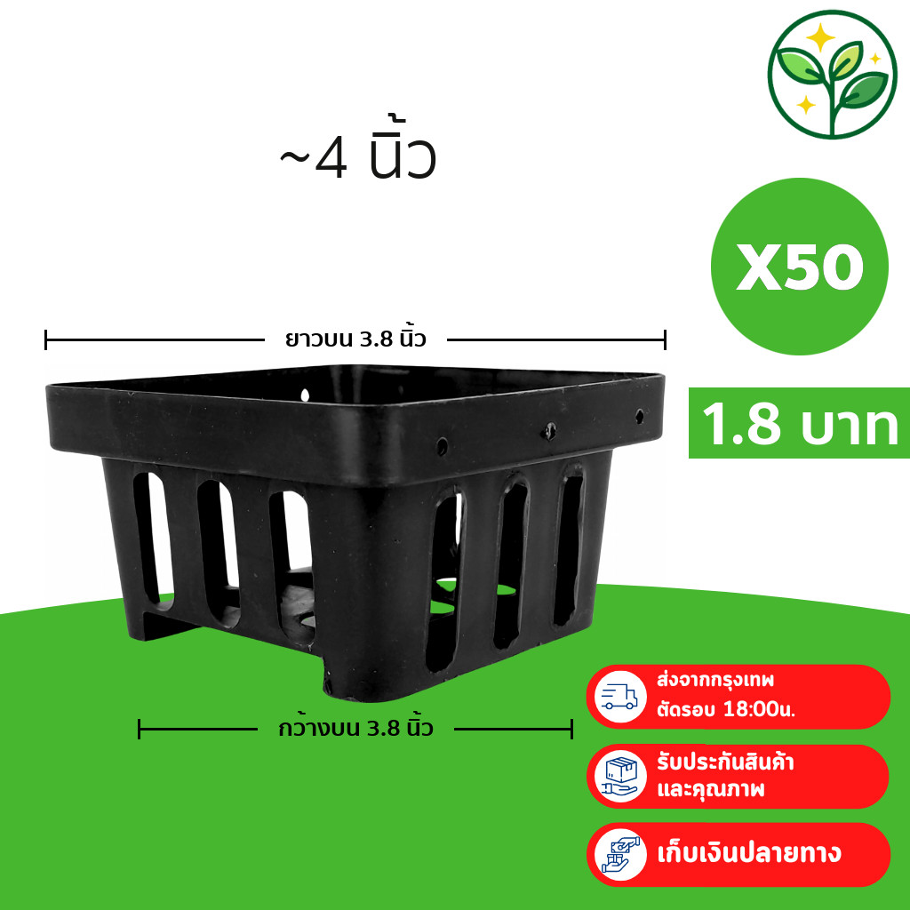 กระถางต้นไม้ กระถางกล้วยไม้ 4 เหลี่ยม เบอร์ 4 นิ้ว 50 ใบ ชิ้น ยกมัด