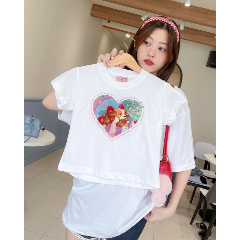 (จัดส่งตลอด 24 ชั่วโมง）Angle Official เสื้อยืดแขนสั้นรัดรูปสไตล์เกาหลี เสื้อพิมพ์ลายการ์ตูนสวยๆ ผ้าคอตตอน 100%
