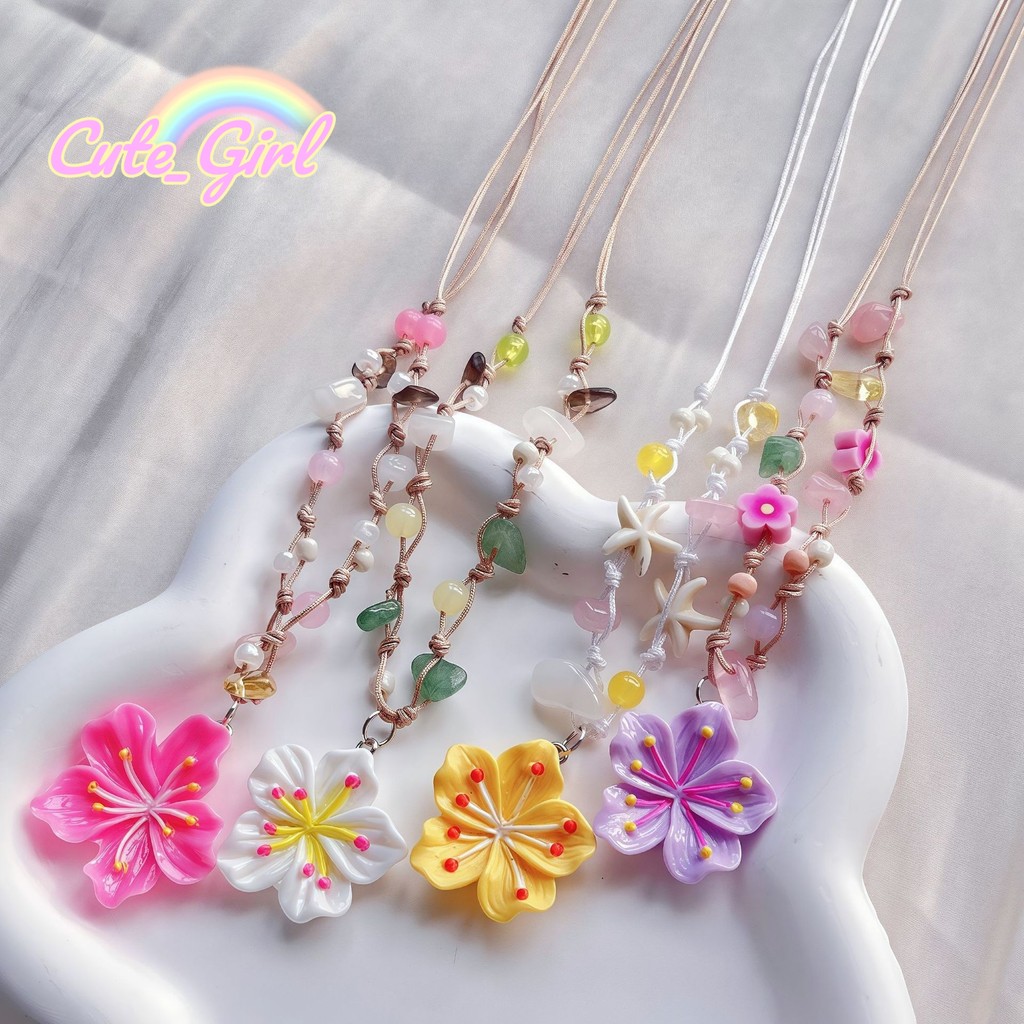 Cute_Girl 🌸🌸 สร้อยคอแฟชั่น สีโดพามีน จี้ดอกไม้ ลูกปัดสี หวานและสดช สร้อยคอดอกไม้