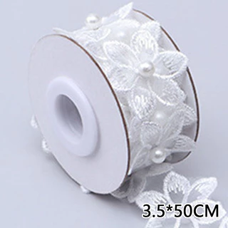 1 ม้วนลูกปัดมุก 3D ปักดอกไม้ Organza ริบบิ้นลูกไม้ Trim ผ้าสําหรับ Handmade ชุดแต่งงาน Diy เย็บเสื้อผ้าอุปกรณ์