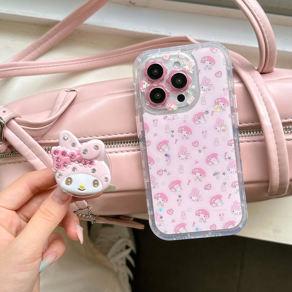 สีชมพู My Melody ขาตั้งดอกไม้รูกล้อง TPU สําหรับ Apple IPhone 17 16 15 14 13 Pro Max เคสกันกระแทก