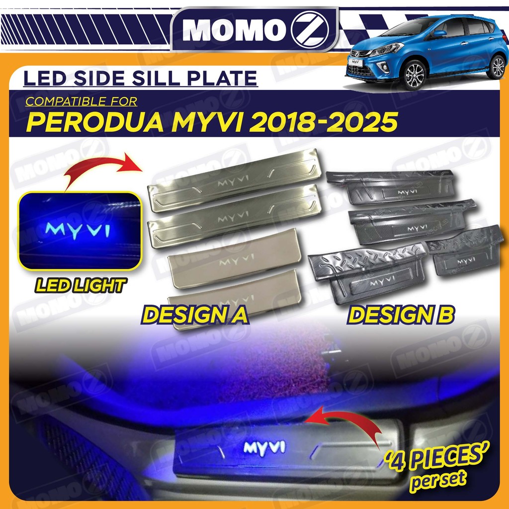 รถ Perodua Myvi 2018 - 2025 ประตูด้านข้าง Sill Step Protector คาร์บอนไฟเบอร์ LED ด้านข้างแผ่น Blue L