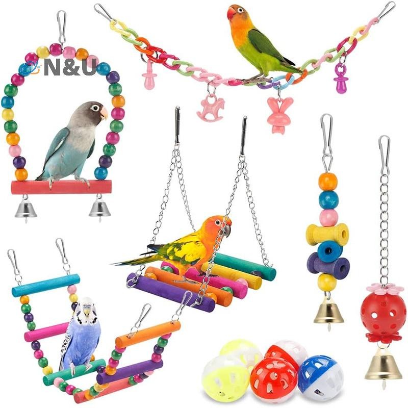 N&U Bird Parakeet ของเล่น 1 ชุด 11 ชิ้น Swing Standing Chewing Hammock บันไดปีนเขา Bird Cage ของเล่นสีสันสดใส COD