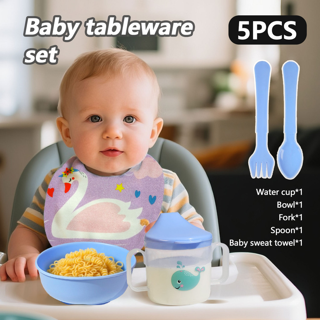 5ชิ้นชุดบนโต๊ะอาหารเด็กแรกเกิด(ชาม+ถ้วย+ส้อม+ช้อน+ผ้าขนหนูซับเหงื่อ/เอี๊ยม)การ์ตูนเด็กบนโต๊ะอาหารชุดวัสดุปลอดภัยเสริมชามอาหารให้อาหารชุด5ชิ้นเหมาะส