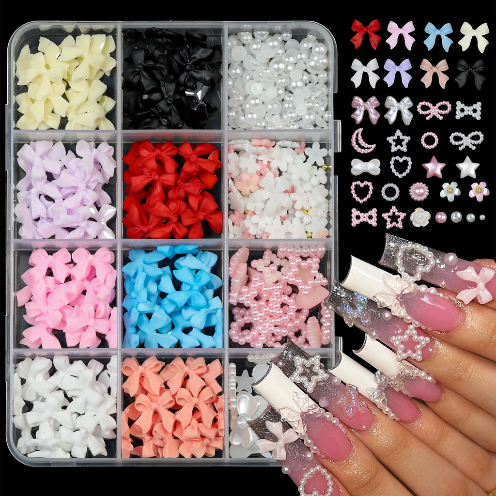 12Grids/กล่องผสมเรซิ่นBowknotตกแต่งเล็บ3DอะคริลิคCharms Kawaii DIYเล็บเครื่องมือ