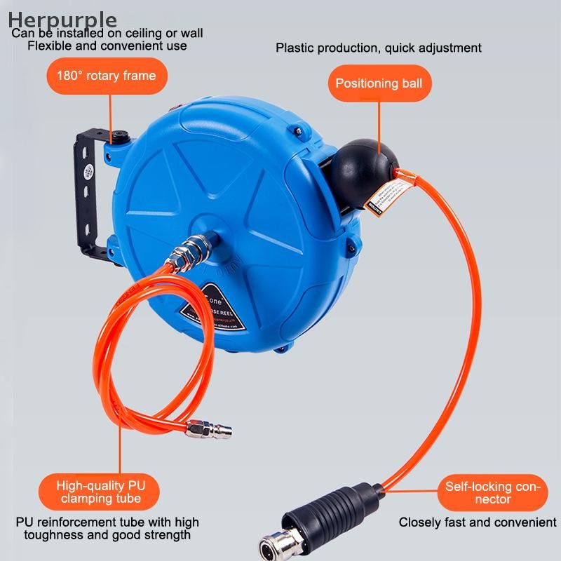 Herpurple Compressor Hose Reel Retractable 10 M เครื่องมือย้อนกลับอัตโนมัติ Commercial Reel พร้อมวงเล็บหมุน Quick Coupler เครื่องอัดอากาศ TH