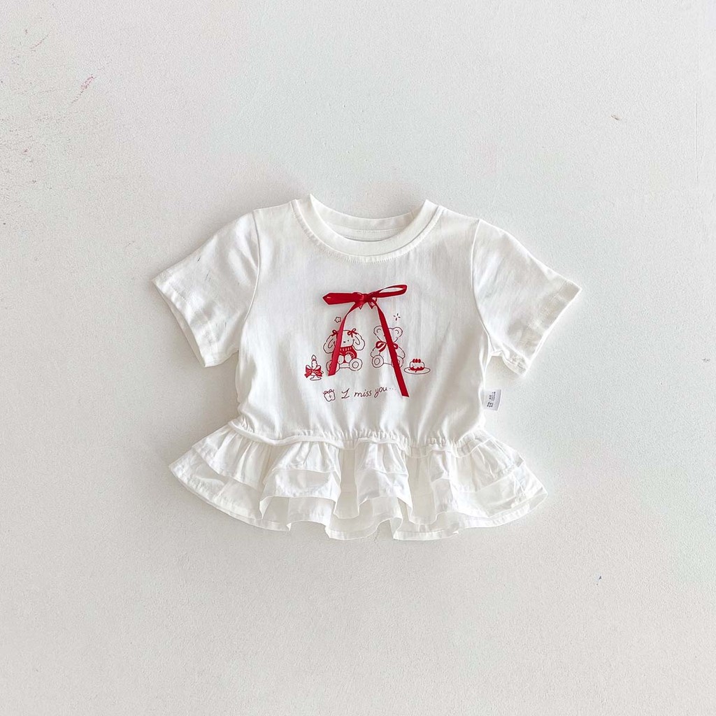 ชุดเด็กหญิงวัยหัดเดิน 0-6 ปี สไตล์เกาหลี เสื้อยืดแขนสั้นสีขาวและกระโปรงปุยลายจุดสีแดง - รูปที่ 2
