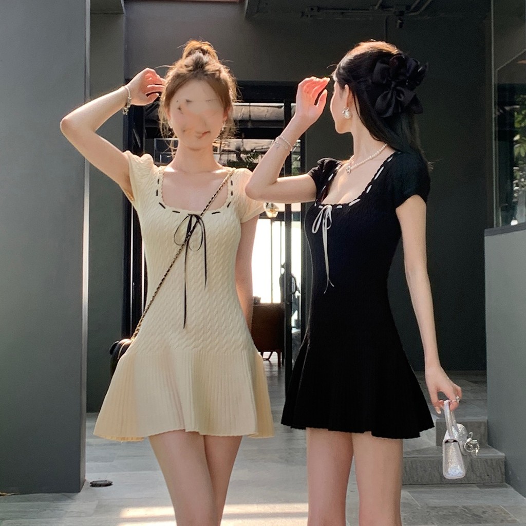 แขนสั้นถักหวานเอว-Cinching Square Neck A-Line Dress 1618
