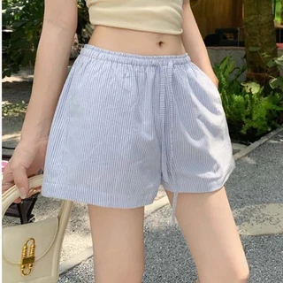 🩵ส่งไวจากไทย🩵ผู้หญิง ลายริ้ว-ปักลูกไม้ กางเกงขาสั้นเอวยางยืด แต่งกระดุม ทรงสวยทรงแปะ ผ้าใส่สบาย