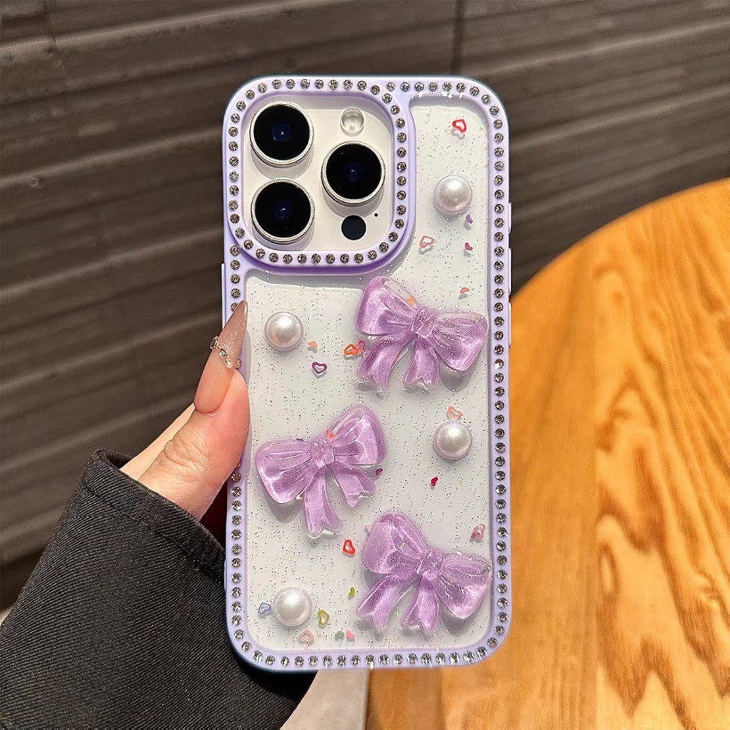 ผีเสื้อสีชมพูกับเพชรอีพ็อกซี่เคสโทรศัพท์สําหรับ ไอโฟน 17 16 15 13 มือโปร สูงสุด ปลอกน่ารักป้องกันกันกระแทกปกแข็ง