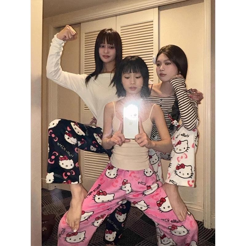 Korean กางเกงชุดนอนลายการ์ตูน กำมะหยี่ ผ้านุ่ม ใส่สบาย เอวสม็อคสาวๆใส่สวยยย P105