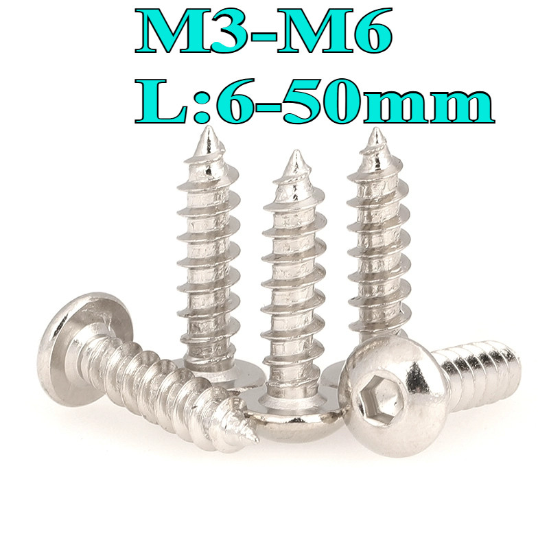 ((LXY) สกรู เกลียวปล่อย เตเปอร์   หัวจมกลม ชุบนิกเกิล / Button Head Hexagon Socket Tapping Screw M3/
