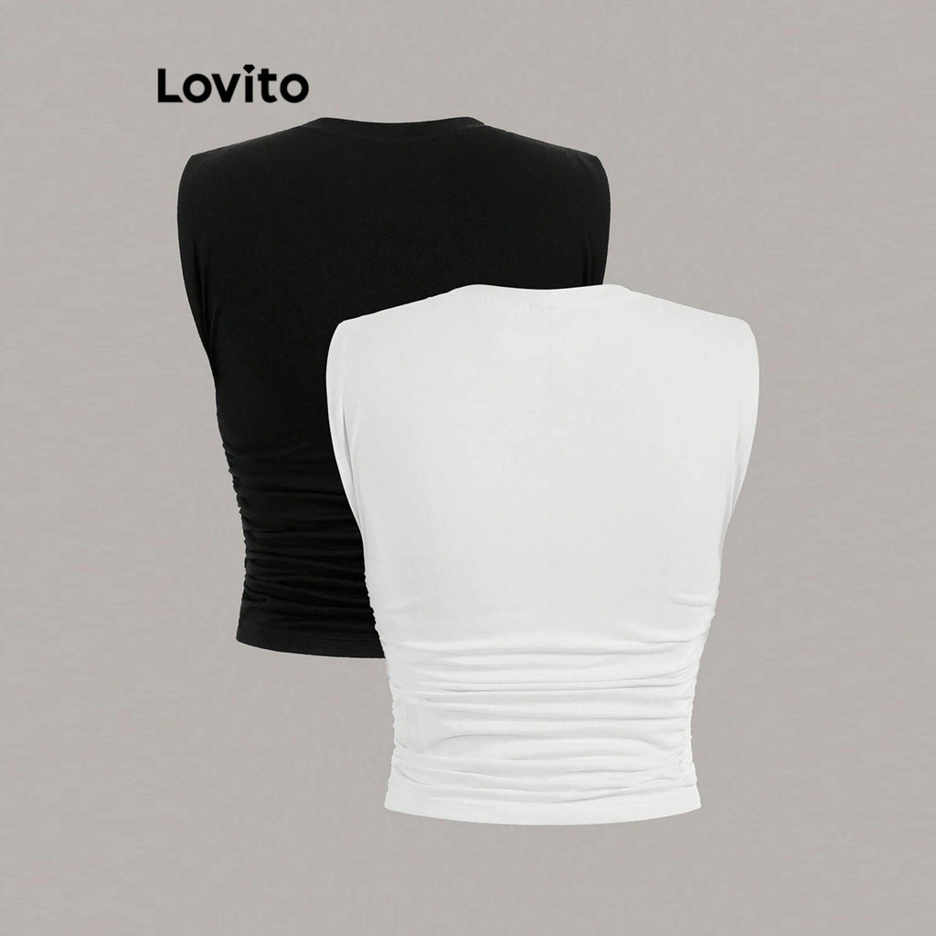 (แคชชวล) Lovito เสื้อกล้ามเสื้อกล้ามฤดูร้อนพื้นฐานจีบธรรมดาสําหรับผู้หญิง L80ED367