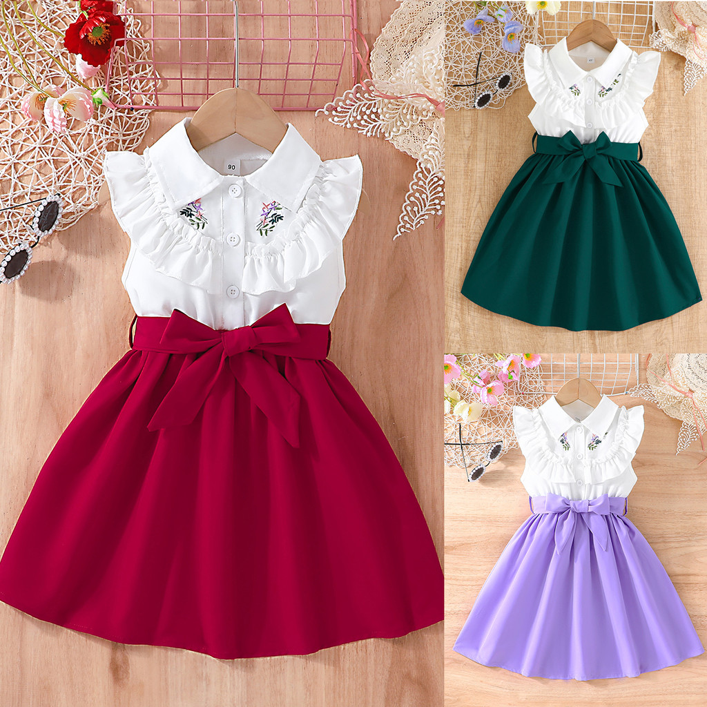 ​​ชุดเดรสเด็กหญิง 2-7 ขวบ แขนไม่ติดผ้า ปักดอกไม้หรู แถบคาดเอวปรับสีเขียวมรกตและบอร์โด สำหรับปีใหม่ลอยกระทงวันเกิด​​