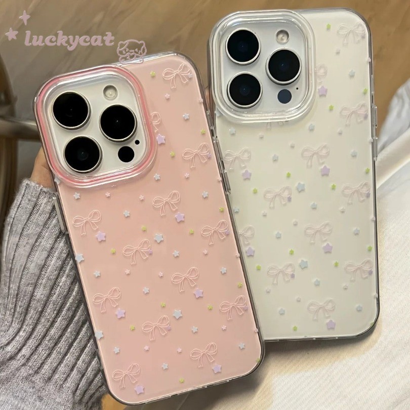 เข้ากันได้กับiPhone 16 15 14 13 12 11 Pro Max X Xr Xs Max 7 8 Plus SE2020 เคสโทรศัพท์Insสีม่วงหวานStar Line Bow Softปกหลัง