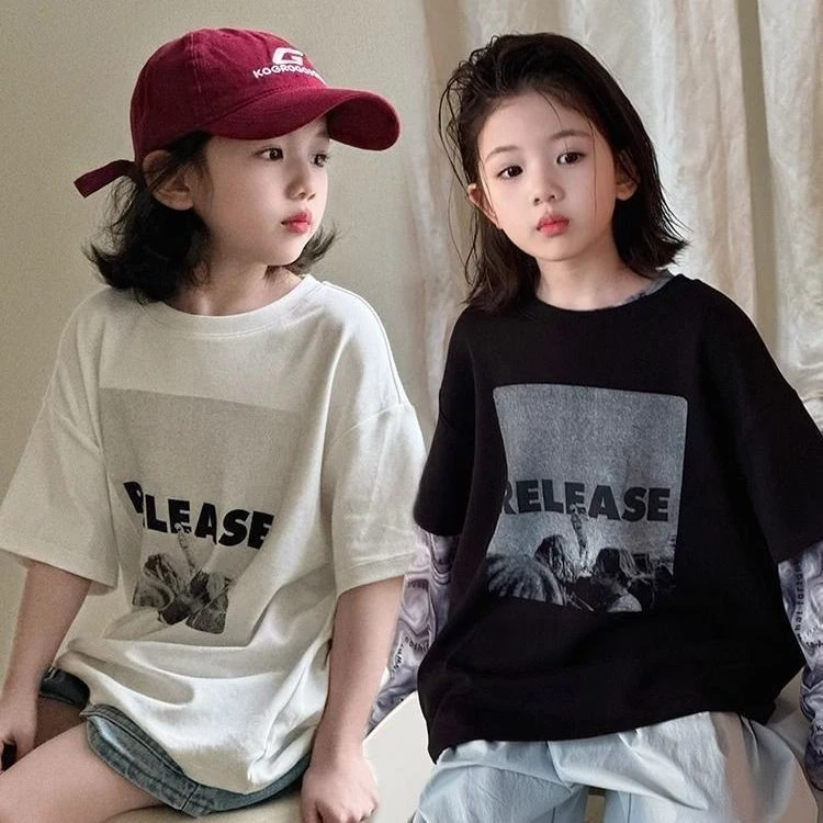 สาวฤดูร้อนผ้าฝ้ายแท้แขนสั้นเสื้อยืด 2026 ฤดูร้อนสไตล์ใหม่สาวเกาหลีรุ่นพิมพ์ขนาดกลางขนาดใหญ่เด็กหลวมด้านบน