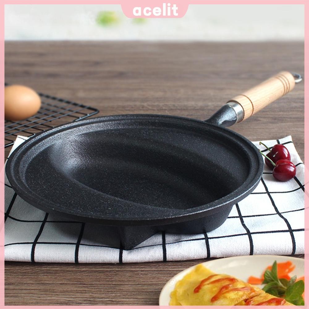 กระทะเหล็กหล่อด้ามไม้ Omurice ทําอาหารหม้อ Anti-Scald แพนเค้กแม่พิมพ์ Skillet กระทะสําหรับโฮมเมด Omu