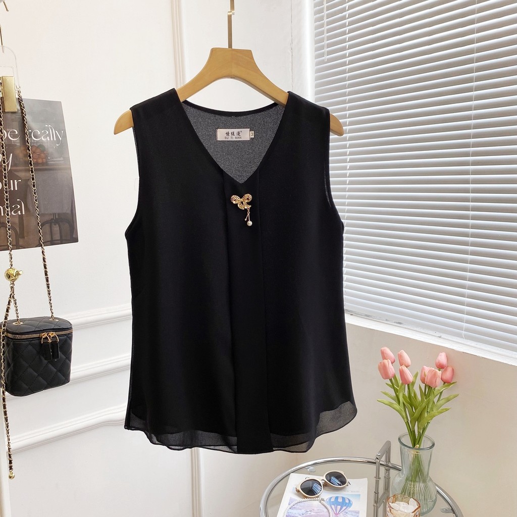 ฤดูร้อนสุภาพสตรีแขนกุดด้านนอกเสื้อกั๊ก V คอขนาดใหญ่ชีฟอง Camisole หลวม Belly All-Match a-Line Bottom