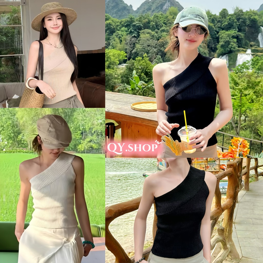 QY.Shop สินค้าราคาพิเศษ เสื้อยืดผู้หญิง เสื้อกล้ามไหมพรม น่ารักคาวาอี้ ดีเทลผ้าร่องสายข้างเดียวทรงรัดรูป "Y9728"