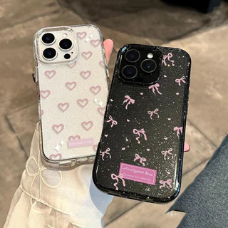 เคส iPhone 16 Pro Max iPhone 11 เคสใสแบบแวววาว TPU นุ่มสีสันสดใส หัวใจและโบว์สีชมพูน่ารัก Compatible iPhone15