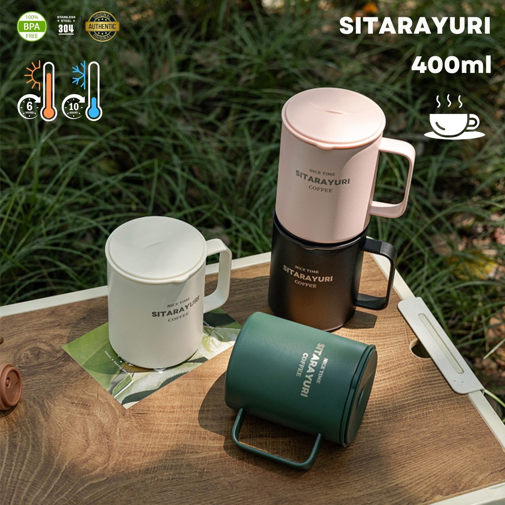 SITARAYURI แก้วดื่มร้อนฝาสูญญากาศแบบเลื่อนเปิดจิบดื่ม 400ml สแตนเลส 304 เหมาะสำหรับใส่กาแฟหรือเครื่องร้อนอื่นๆ