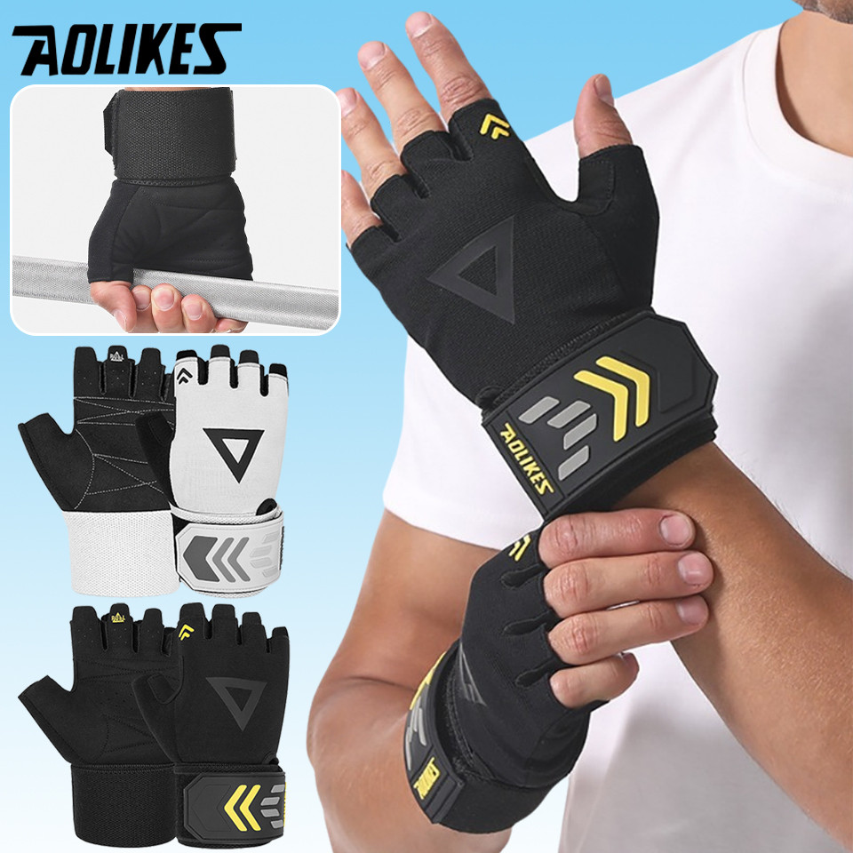 AOLIKES ถุงมือครึ่งนิ้วสำหรับกีฬาและฟิตเนส ออกแบบเพื่อการฝึกอบรมและการขี่จักรยาน หนามาก และระบายอากาศได้ดี