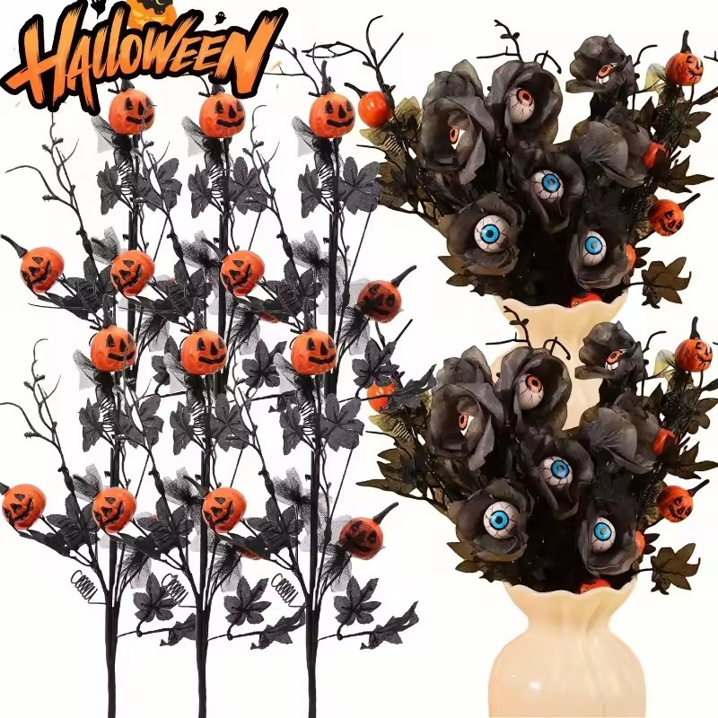 ใหม่ฮาโลวีนประดิษฐ์ฟักทอง Stemmed Bouquet Party Ghost House DIY อุปกรณ์ตกแต่ง