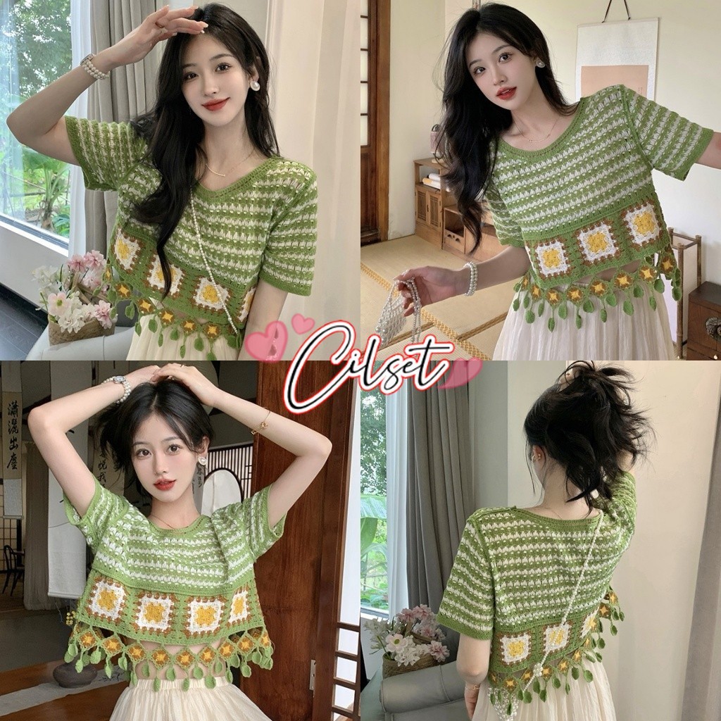 Cilset🛒พร้อมส่ง🎀 เสื้อถักไหมพรมแขนสั้น คอกลม สีเขียวลายดอกไม้ วินเทจ สไตล์ซัมเมอร์ สีเขียวตกแต่งพู่ตรงปลายๆ /91089 -C
