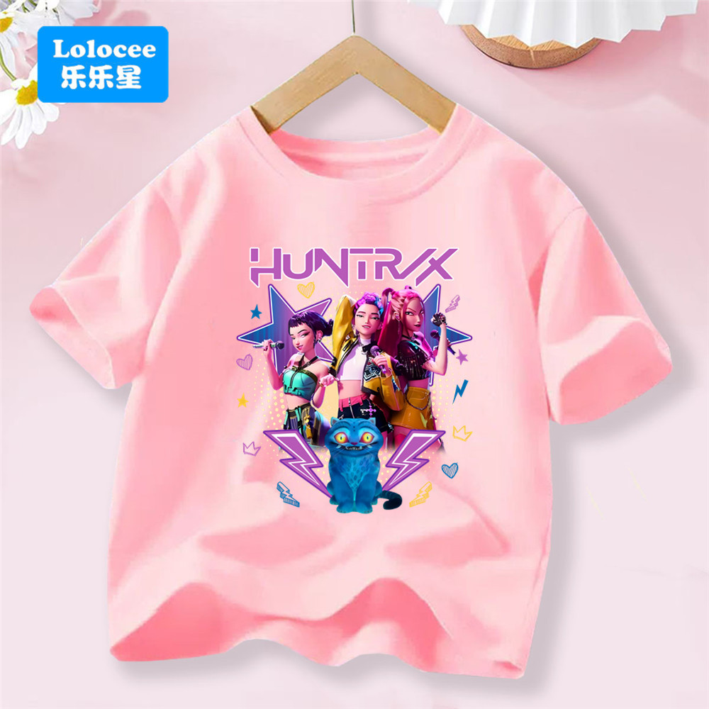 เสื้อยืดแขนสั้นสไตล์ KPOP Demon Hunters Huntrix สำหรับทุกวัย แบบฟิตหลวมจากผ้าฝ้าย vintage