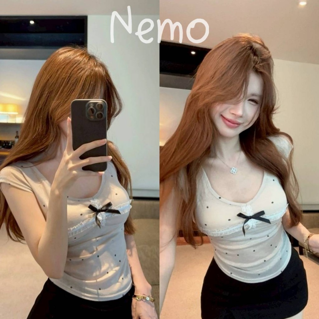 Nemo store🌸#FY2888 เสื้อครอปแขนสั้นน่ารักๆ คอกลม แต่งโบว์ลายจุด ทรงรัดรูป เสื้อกั๊กผู้หญิง