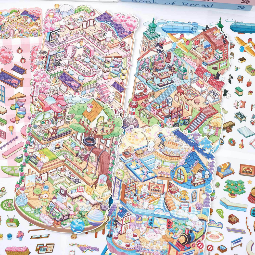 เอ่อ 3 ชิ้น [แฟนตาซี ชีวิต ชุด] สติกเกอร์ทิวทัศน์ 3ง วัสดุกันน้ําขนาดใหญ่พิเศษน่ารักการ์ตูนสไตล์สมุดวารสารวางแผนตกแต่งเครื่องเขียนสติก