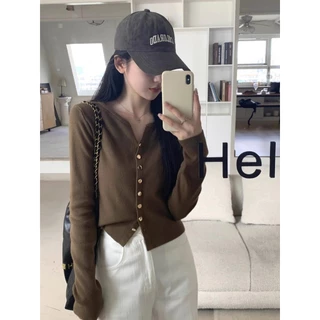 mimi&didi#เสื้อคาร์ดิแกนถักคอวีสำหรับผู้หญิง เสื้อชั้นในผ้าริบแขนยาว แจ็คเก็ตกระดุมแถวเดียว อารมณ์อ่อนโยน#88007