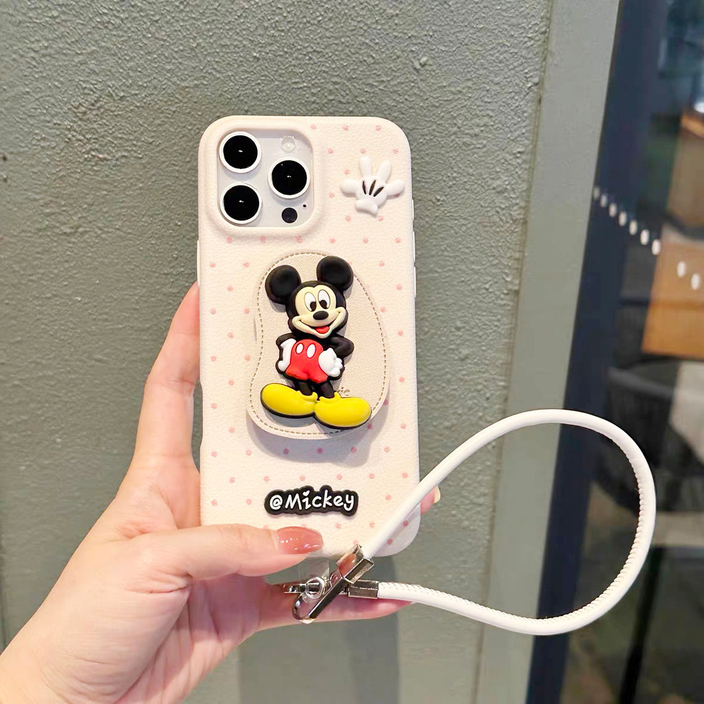 ขาตั้งหนังมิกกี้เหมาะสําหรับ Apple 16promax เคสโทรศัพท์หนัง iPhone 15/14/13/12/11 เชือกหนัง