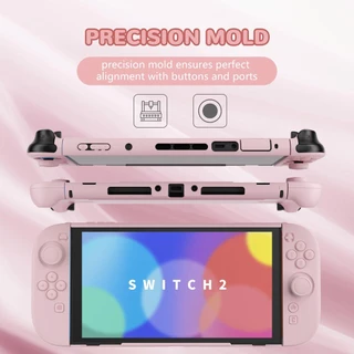 เคสแข็งสําหรับ Nintendo Switch 2 พร้อมขาตั้งพิเศษ & Thumb Grip Caps | การออกแบบแยก, ฝาครอบเปลือกเต็มตัวแบบป้องกัน Dockable, สีชมพู