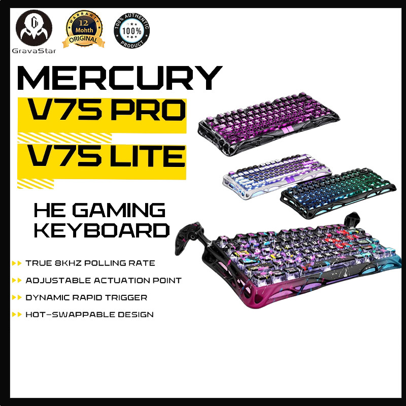 Gravastar Mercury V75 Pro Lite HE คีย์บอร์ดสำหรับเล่นเกมอลูมิเนียมอัลลอยด์คีย์บอร์ดแบบมีสาย Esports 